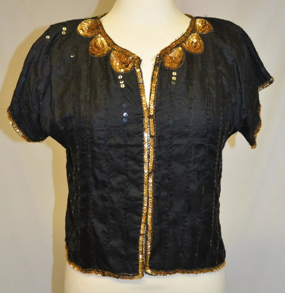 SND Vintage 80s Black Sequin Beaded Silk Party Formal Jacket L